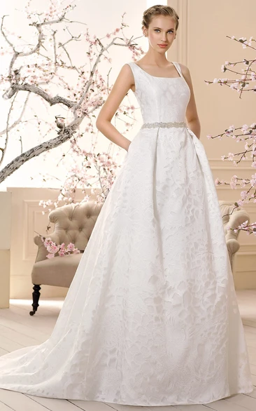 Jeweled A-Line Square-Neck Sleeveless Wedding Dress Classy Bridal Gown