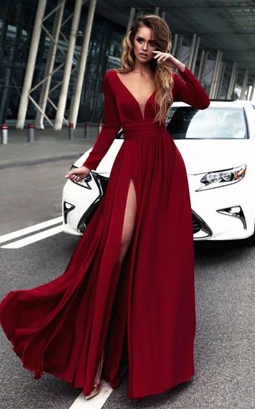 Long Sleeve Plunging Sheath Dress with Low-V Back Elegant Modern Dress