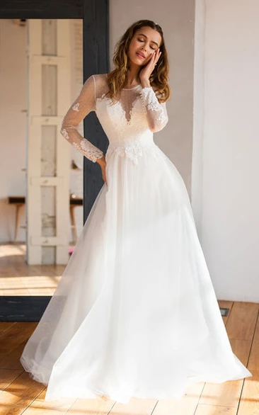Elegant A-Line Lace Tulle Wedding Dress with Long Sleeves and Button Illusion with Beading