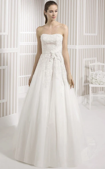 Strapless Sleeveless A-Line Wedding Dress with Appliques and Backless Style