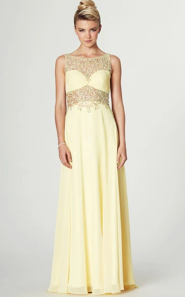 Beaded Scoop Neck Sleeveless Maxi Chiffon Prom Dress Unique Formal Dress