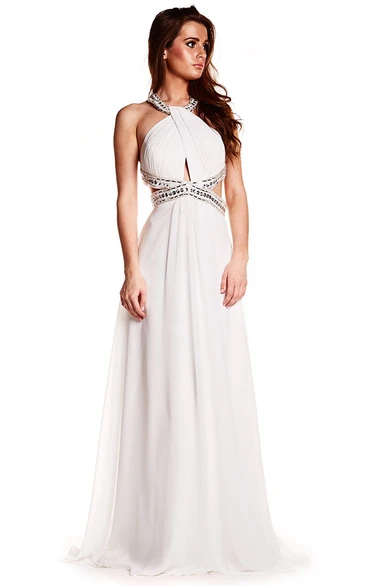 Beaded Halter Chiffon Prom Dress with Train Sleeveless Flowy Boho Women