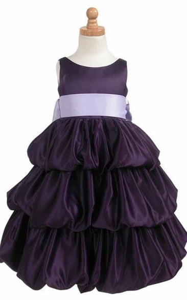 Sleeveless Satin Flower Girl Dress with Tiered Skirt