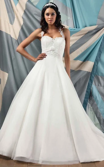 Long A-Line Tulle & Satin Wedding Dress with Straps