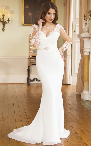 Mermaid Illusion Sleeve Wedding Dress with Chiffon Applique Stunning Bridal Gown