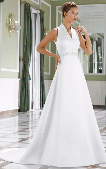Appliqued A-Line Satin Wedding Dress with V-Neck and Waist Jewellery