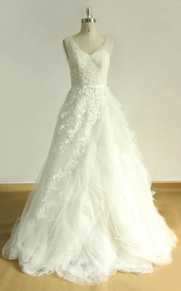 A-Line Lace and Tulle Wedding Dress with Ruffles and V-Neckline