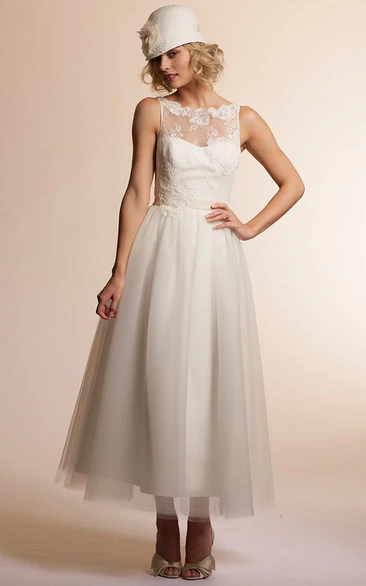 Tulle Sleeveless A-Line Wedding Dress with Bateau-Neck and Deep-V Back Romantic Bridal Gown