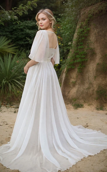 A-Line V-neck Floor-length Simple Solid Chiffon Wedding Dress Vintage Elegant Half Sleeve Backless Zipper Bridal Gown