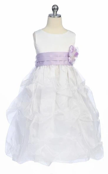 Organza & Satin Tea-Length Flower Girl Dress with Ruched Design