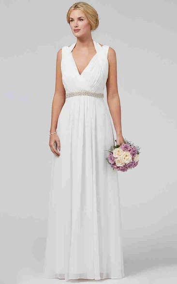 Chiffon Halter Sheath Wedding Dress Ruched Maxi Elegant Bridal Gown