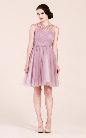 High Neck A-line Tulle Bridesmaid Dress Short & Elegant