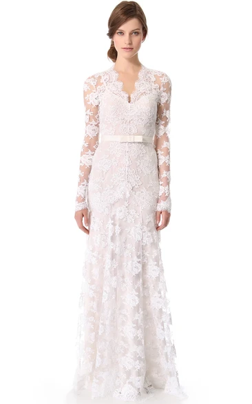 Vintage Inspired Lace Column Wedding Dress with Long Sleeves