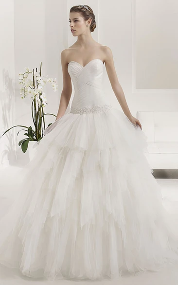 Layered Tulle Drop Waist Bridal Gown with Appliqued Sweetheart Neckline