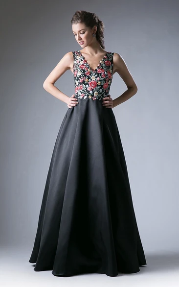 Embroidered Satin A-Line Formal Dress with Low-V Back V-Neck Sleeveless