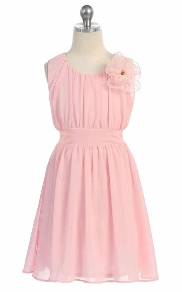 Pleated Chiffon and Lace Knee-Length Flower Girl Dress in Floral Design