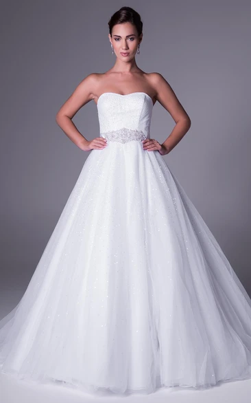 Strapless Beaded Tulle Wedding Dress with Floor-Length Ball Gown and Waist Jewelry