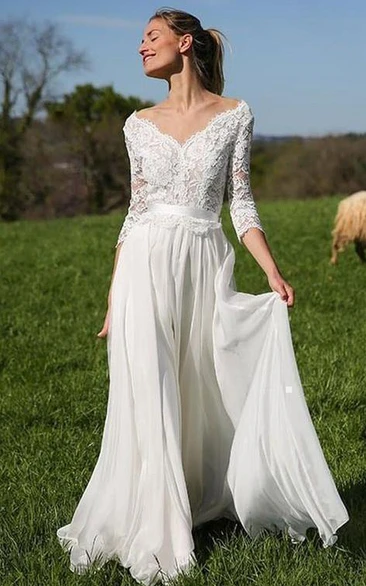Bohemian Lace Chiffon A-Line Wedding Dress with V-Neck and Floor-Length