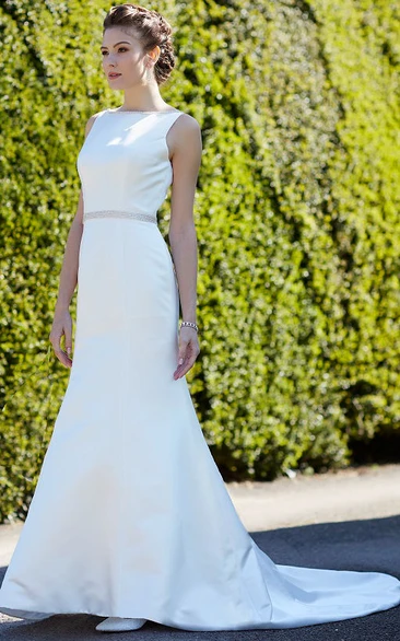 Jeweled Satin Wedding Dress with Jewel Neckline and Chapel Train