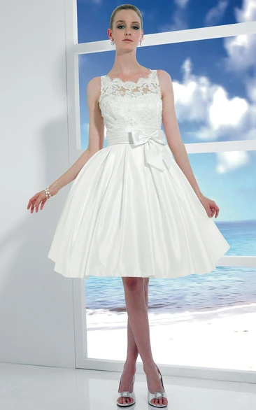 Appliqued Satin Wedding Dress with V-Back Midi Scoop Bow