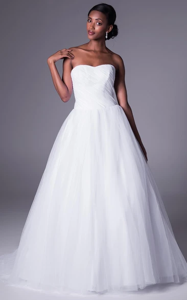 Tulle Strapless Ball Gown Wedding Dress with Ruching and Sweep Train