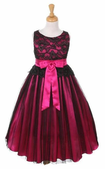 Sleeveless Tulle&Lace Tea-Length Flower Girl Dress with Floral Design