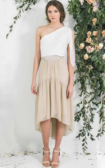 One-Shoulder Chiffon Sleeveless Bridesmaid Dress with Jeweled Detail High-Low Length