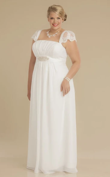 Square-Neck Chiffon Cap-Sleeve Sheath Plus Size Wedding Dress with Waist Jewelry