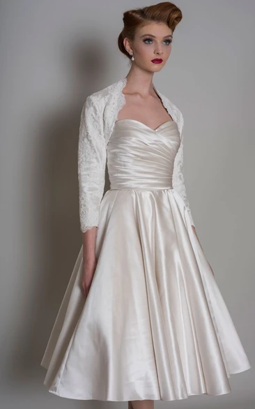 Midi A-Line Satin Wedding Dress with Cape and Sweetheart Neckline