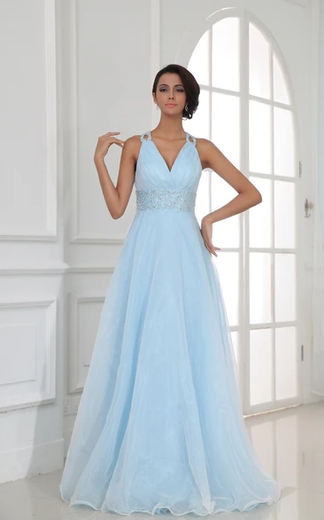 Halter V-Neck A-Line Formal Dress with Sequined Waist Flowy Beach Bridal Gown