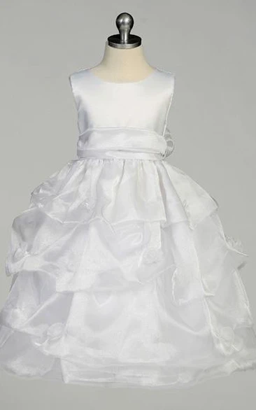 Ruched Organza Satin Flower Girl Dress Tea-Length