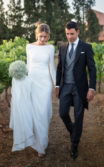 Chiffon Sheath Long Sleeve Deep-V Back Wedding Dress Simple & Elegant