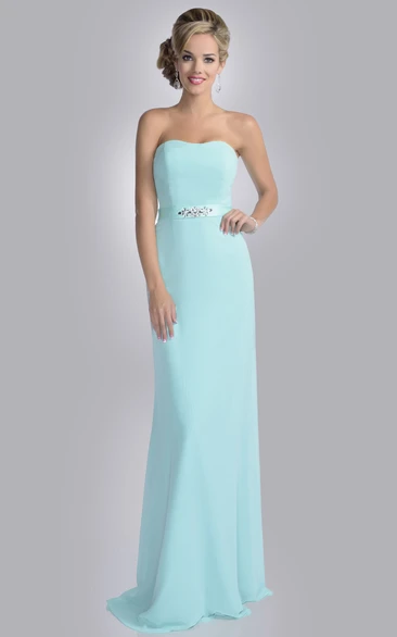 Chiffon Strapless Column Bridesmaid Dress with Rhinestone Detailing Classy Dress