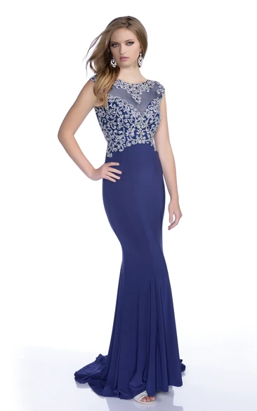 Mermaid Jersey Cap Sleeve Prom Dress Rhinestone Court Train Women's Modern