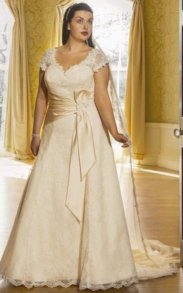 Lace Cap Sleeve Wedding Dress with Satin Sash and Lace-Up Back