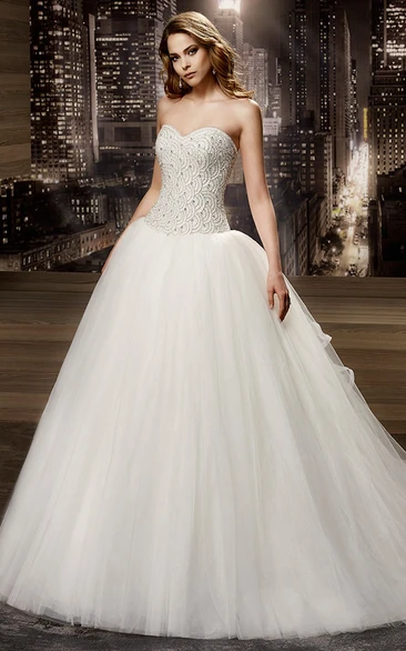 A-line Wedding Dress with Ruffles and Beaded Bodice Sweetheart Lace-up Back