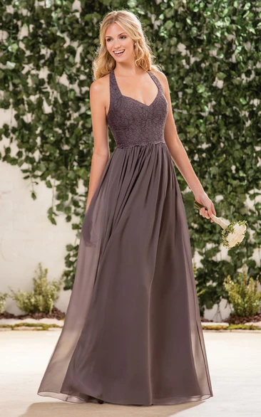 Pleated Lace Halter Bridesmaid Dress V-Neck A-Line