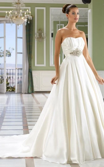 Satin Jeweled Wedding Dress with V-Back and Chapel Train Sweetheart Floor-Length