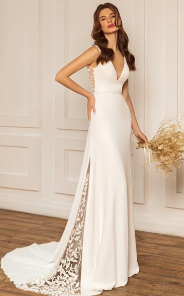Elegant Satin V-neck Sheath Low-V Back Wedding Dress with Sweep Train