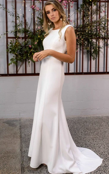 Satin Lace Sheath Wedding Dress with Sweep Train Simple and Sleeveless