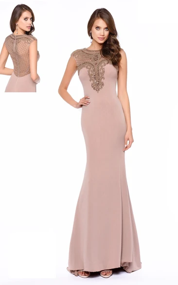 Beaded Cap-Sleeve Jersey Formal Dress with Illusion Neckline