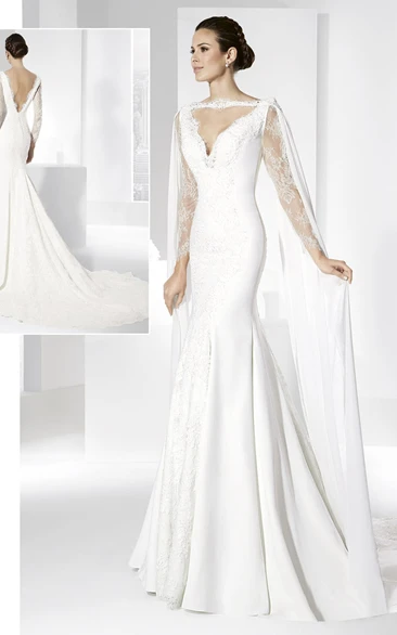 Trumpet Lace Wedding Dress with Long-Sleeve Bateau-Neck Appliques and V Back