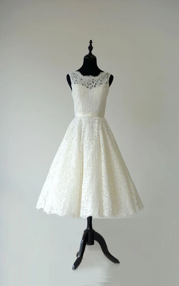 Sleeveless Tea Length Garden Bridal Dress Boho Country Wedding Dress with Waistband