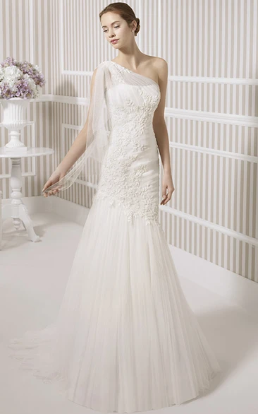 Ruched Tulle One-Shoulder Wedding Dress with Brush Train