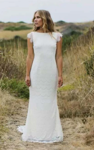 Bateau Lace Sheath Wedding Dress with Zipper