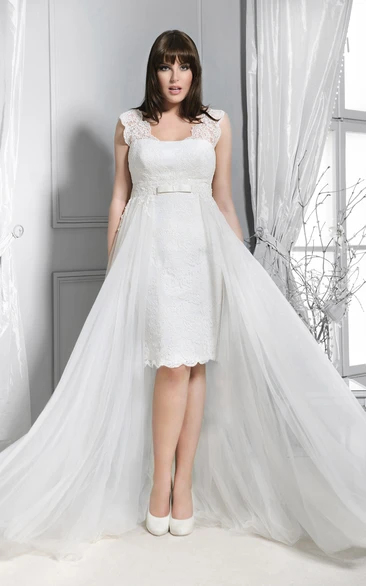 Knee-Length Lace Dress with Corset Back Caped-Sleeve Bridesmaid Dress