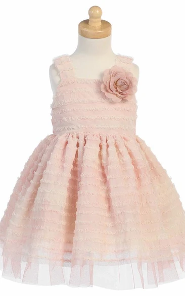 Ruffled Floral Tea-Length Tulle Flower Girl Dress Modern Wedding Dress