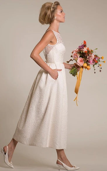 Tea-Length A-Line Lace Wedding Dress Unique Bridal Gown