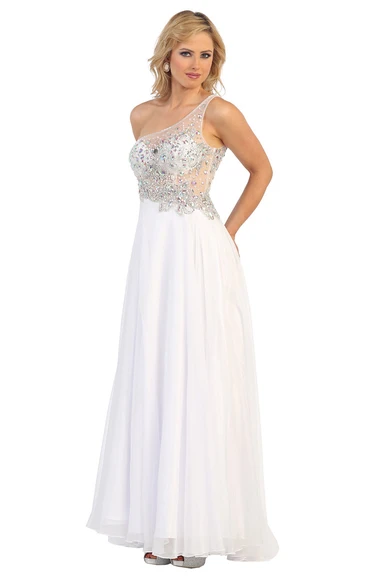 Beaded A-Line One-Shoulder Sleeveless Illusion Formal Dress with Pleats
