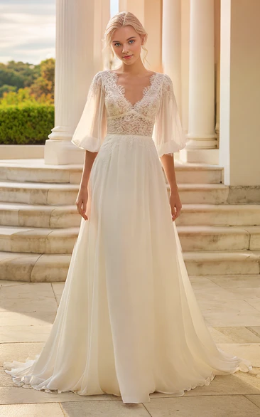 Elegant Boho Chiffon Lace A-Line V-neck Wedding Dress Sexy Solid Half Sleeve Button V Back Bridal Gown